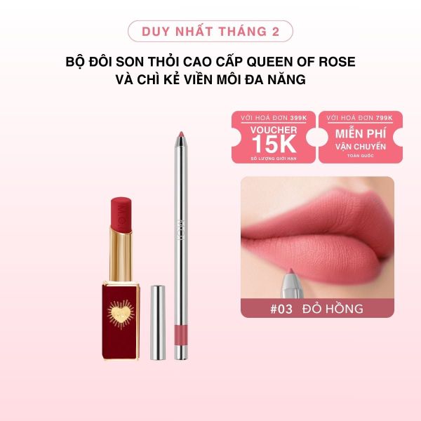 Bộ Đôi Son Thỏi Cao Cấp Queen Of Rose Phiên Bản Giới Hạn Và Chì Kẻ Viền Môi Đa Năng [HSD: 08.2026]