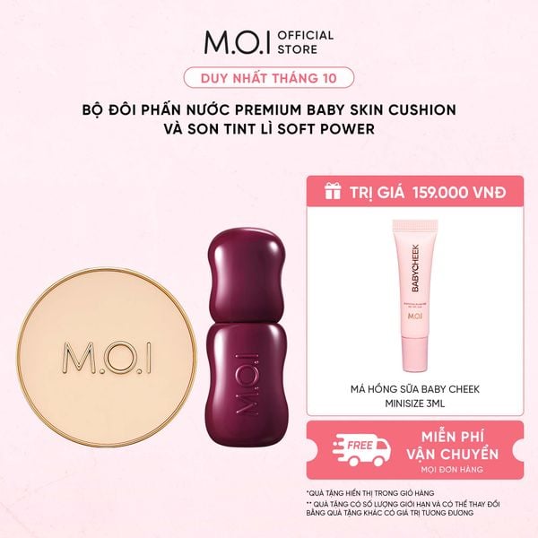 Bộ Đôi Phấn Nước M.O.I Premium Baby Skin Và Son Tint Lì Soft Power