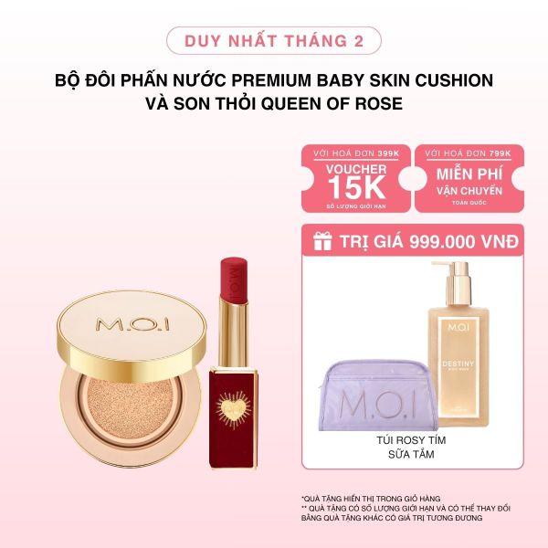 Bộ Đôi Phấn Nước M.O.I Premium Baby Skin Và Son Thỏi Cao Cấp Queen Of Rose