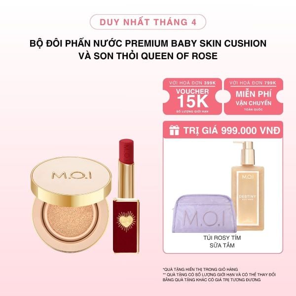 [HSD T10.2027] Bộ Đôi Phấn Nước M.O.I Premium Baby Skin Và Son Thỏi Cao Cấp Queen Of Rose
