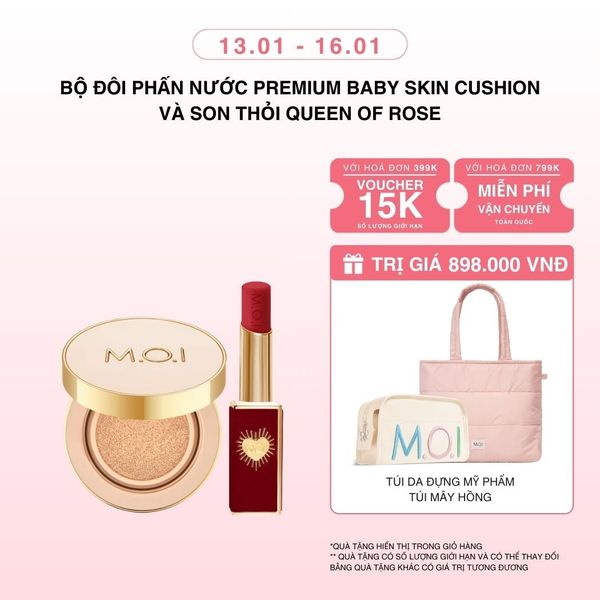 Bộ Đôi Phấn Nước M.O.I Premium Baby Skin Và Son Thỏi Cao Cấp Queen Of Rose
