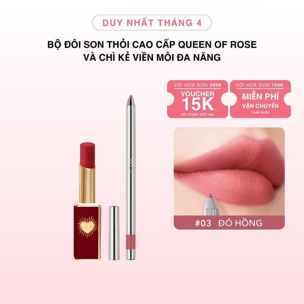 [HSD: 08.2026] Bộ Đôi Son Thỏi Cao Cấp Queen Of Rose Phiên Bản Giới Hạn Và Chì Kẻ Viền Môi Đa Năng