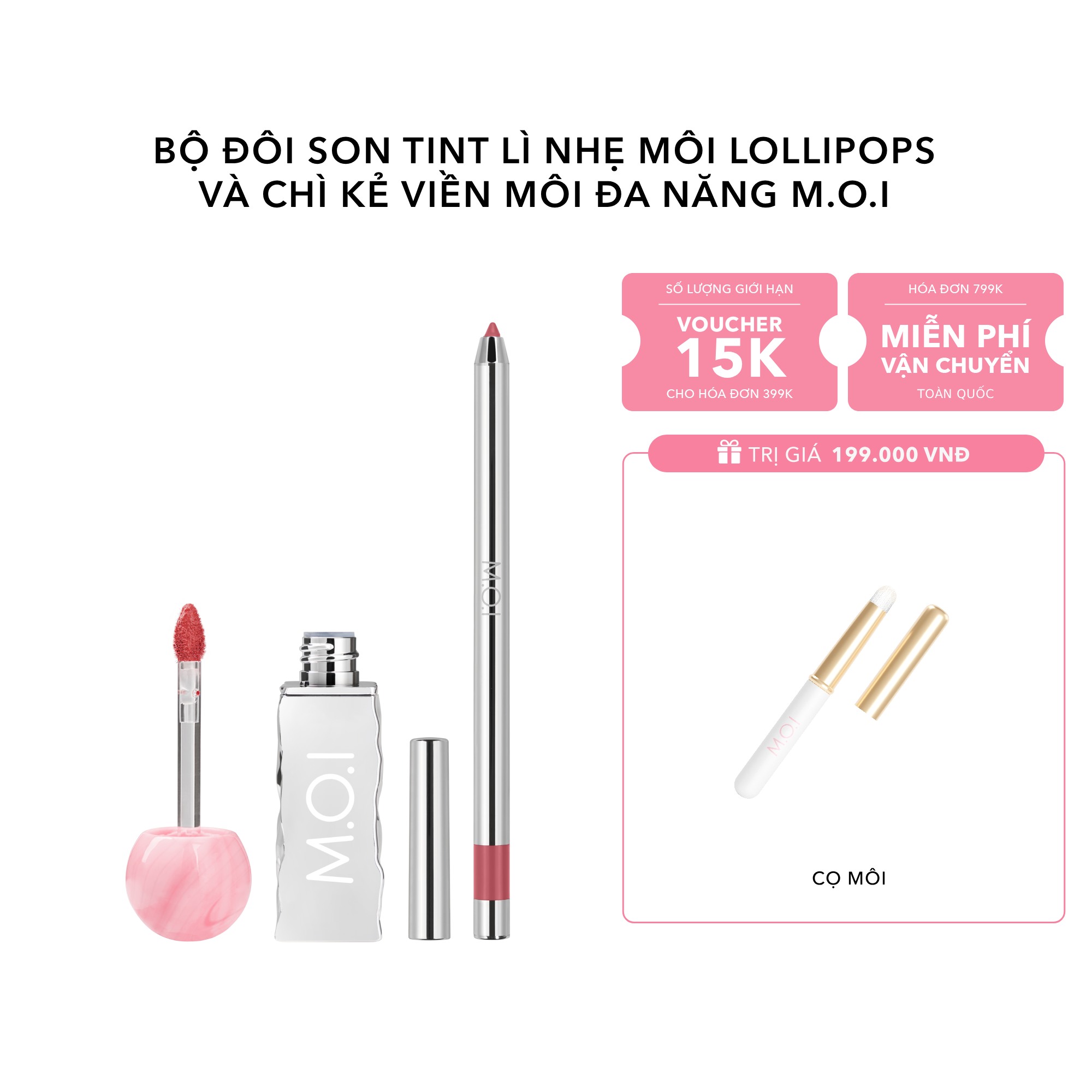 Bộ Đôi Son Tint Lì Nhẹ Môi Lollipops Và Chì Kẻ Viền Môi Đa Năng M.O.I