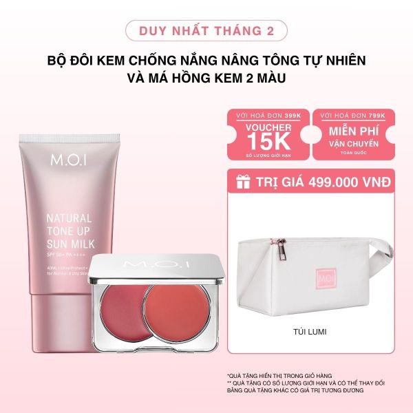 Bộ Đôi Kem Chống Nắng Nâng Tông Tự Nhiên M.O.I 40ml Và Má Hồng Kem 2 Màu