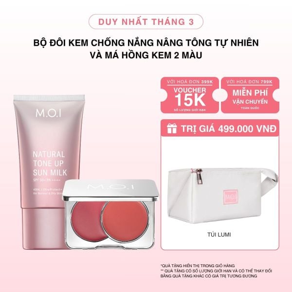 Bộ Đôi Kem Chống Nắng Nâng Tông Tự Nhiên M.O.I 40ml Và Má Hồng Kem 2 Màu