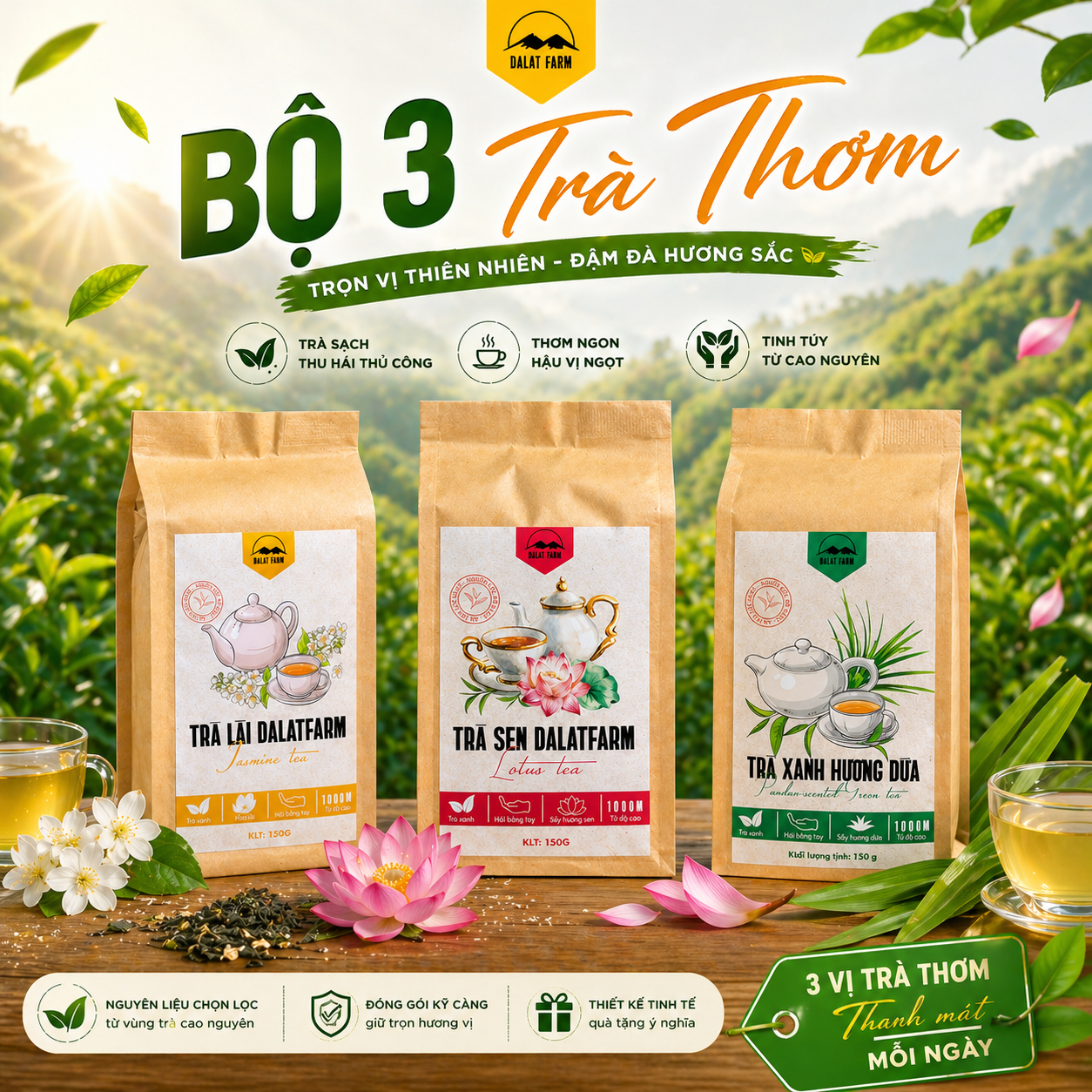  Combo Bộ 3 Trà Thơm DalatFarm (Trà Lài 150g - Trà Sen 150g - Trà Xanh Hương Dứa 150g) 