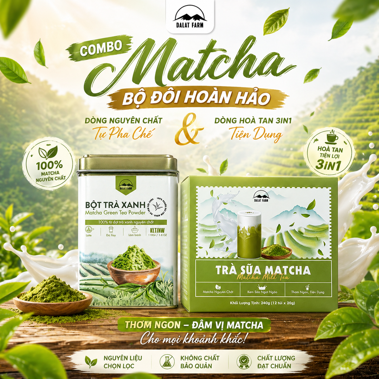  Combo Bộ Đôi Matcha DalatFarm (Bột Matcha Trà Xanh Hộp 110g - Trà Sữa Matcha 240g) 