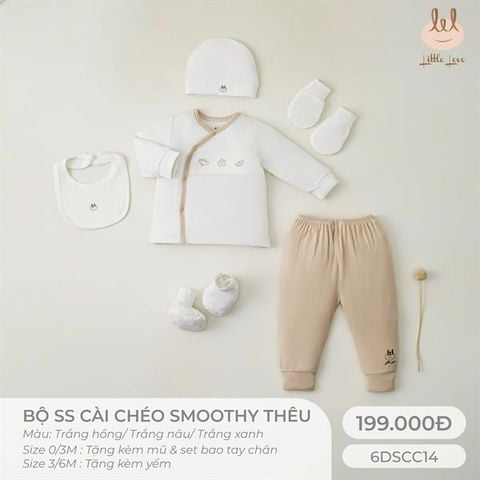 Bộ dài cài lệch vải Smoothy Little Love thêu đáp trắng nâu (NB)