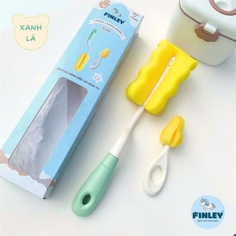 Bộ 2 cọ rửa bình sữa, núm ty xoay 360 độ Finley (Màu xanh lá)