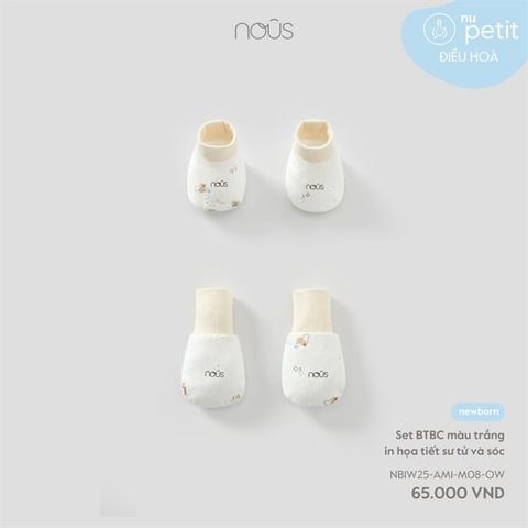 Set bao tay & bao chân Nous màu trắng họa tiết sử tử và sóc (NB)