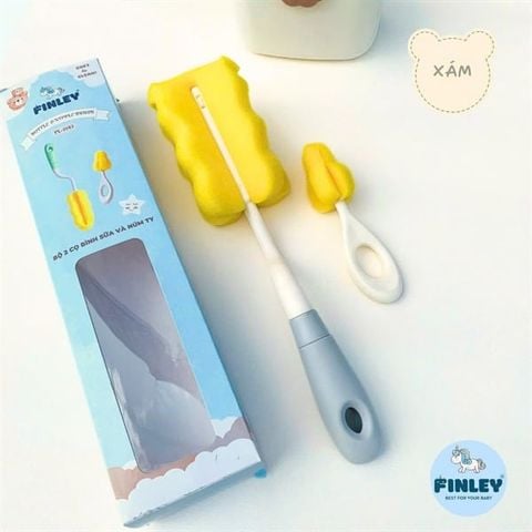 Bộ 2 cọ rửa bình sữa, núm ty xoay 360 độ Finley (Màu xám)