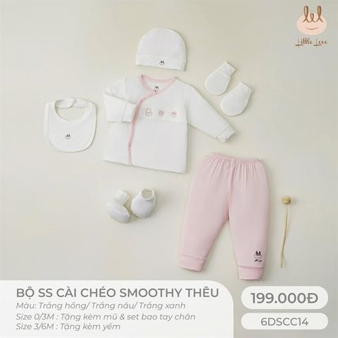 Bộ dài cài lệch vải Smoothy Little Love thêu đáp trắng hồng (NB)