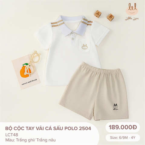Bộ cộc tay vải cá sấu Polo Little Love - Màu trắng nâu (6-9th)