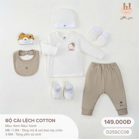 Bộ cài lệch vải Cotton màu kem nâu Little Love (1-3th)