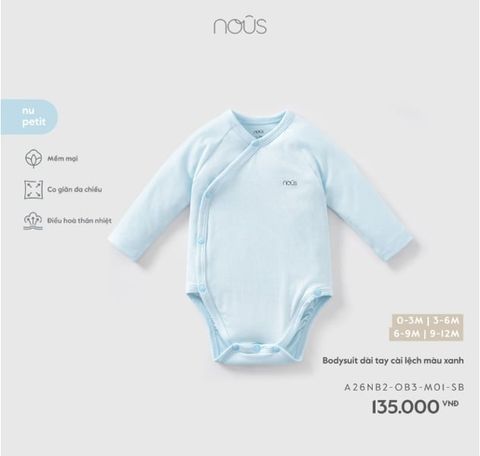 Bodysuit dài tay cài lệch màu xanh Nous (0-3m)