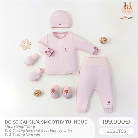 Bộ dài cài giữa vải Smoothy Little Love - Túi ngực hồng in gấu (NB)