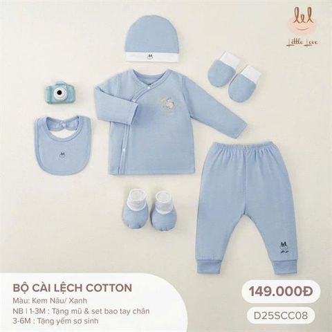 Bộ dài cài lệch vải Cotton Little Love - Màu xanh (NB)