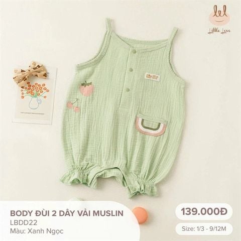 Body đùi 2 dây vải Muslin Little Love - Xanh ngọc (9-12th)