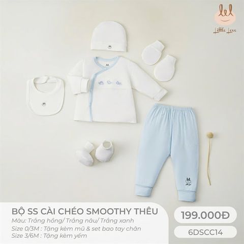 Bộ dài cài lệch vải Smoothy Little Love thêu đáp trắng xanh (NB)