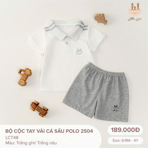 Bộ cộc tay vải cá sấu Polo Little Love - Màu trắng ghi (6-9th)