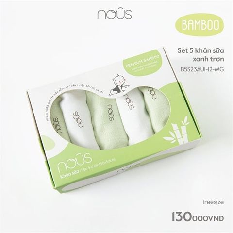 Hộp 5 khăn sữa Nous Bamboo màu xanh lá nhạt phối trắng (30 x 30cm)