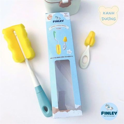 Bộ 2 cọ rửa bình sữa, núm ty xoay 360 độ Finley (Màu xanh dương)