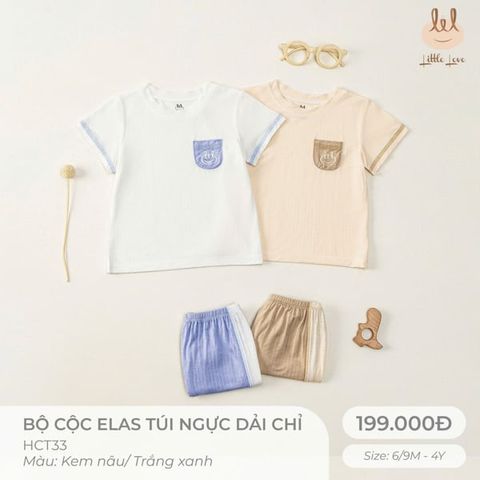 Bộ cộc Elas túi ngực dải chỉ trắng xanh Little Love (9-12th)
