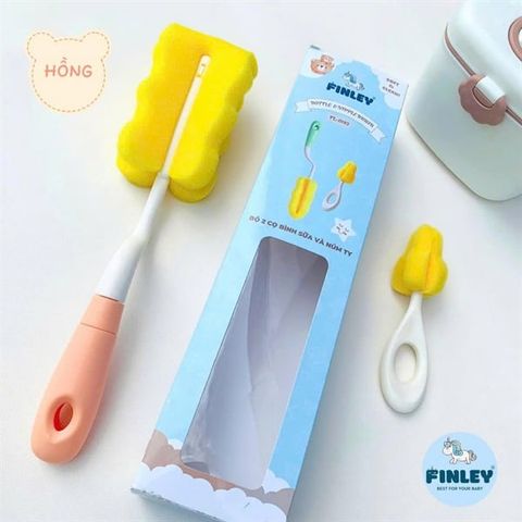 Bộ 2 cọ rửa bình sữa, núm ty xoay 360 độ Finley (Màu hồng)