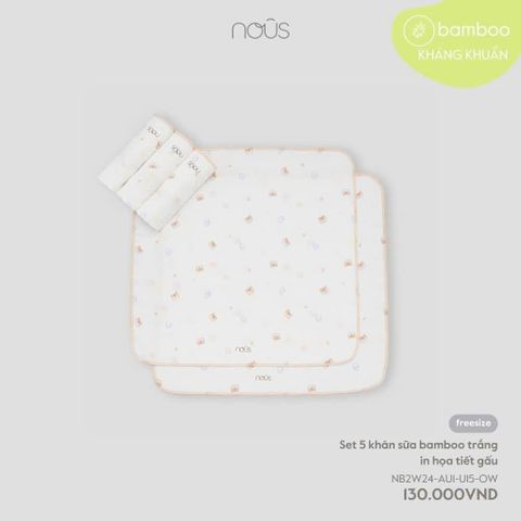 Hộp 5 khăn sữa Nous Bamboo trắng họa tiết gấu (30 x 30cm)