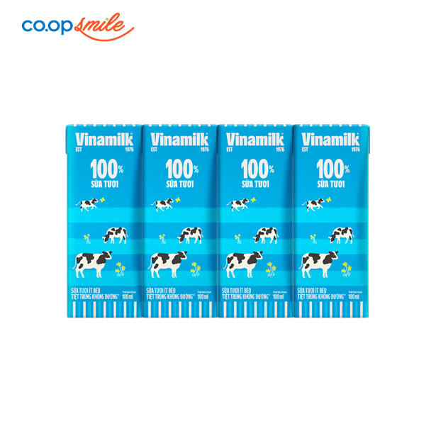 Sữa tươi tiệt trùng Vinamilk 100% ít béo không đường lốc 4x180ml
