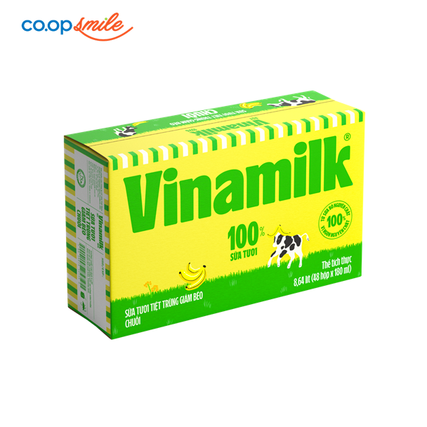 Sữa tươi tiệt trùng Vinamilk 100% giảm béo chuối thùng 48x180ml