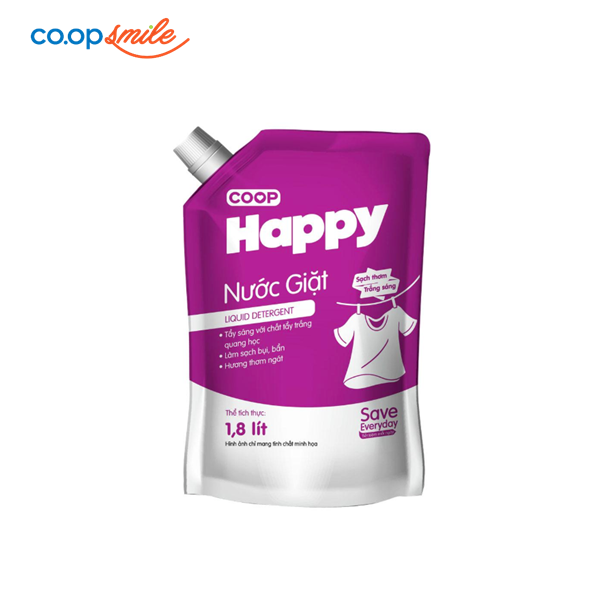 Nước giặt Co.op Happy sạch thơm túi 1.8kg