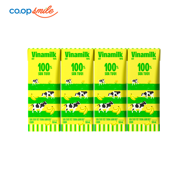 Sữa tươi tiệt trùng Vinamilk 100% giảm béo chuối lốc 4x180ml