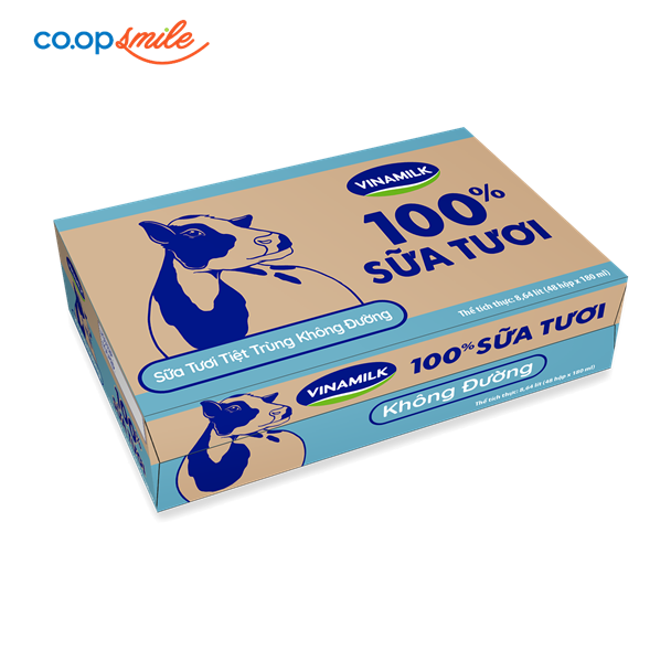 Sữa tươi tiệt trùng Vinamilk 100% không đường thùng 48x180ml
