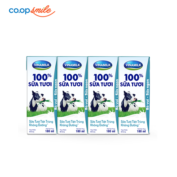 Sữa tươi tiệt trùng Vinamilk 100% không đường lốc 4x180ml