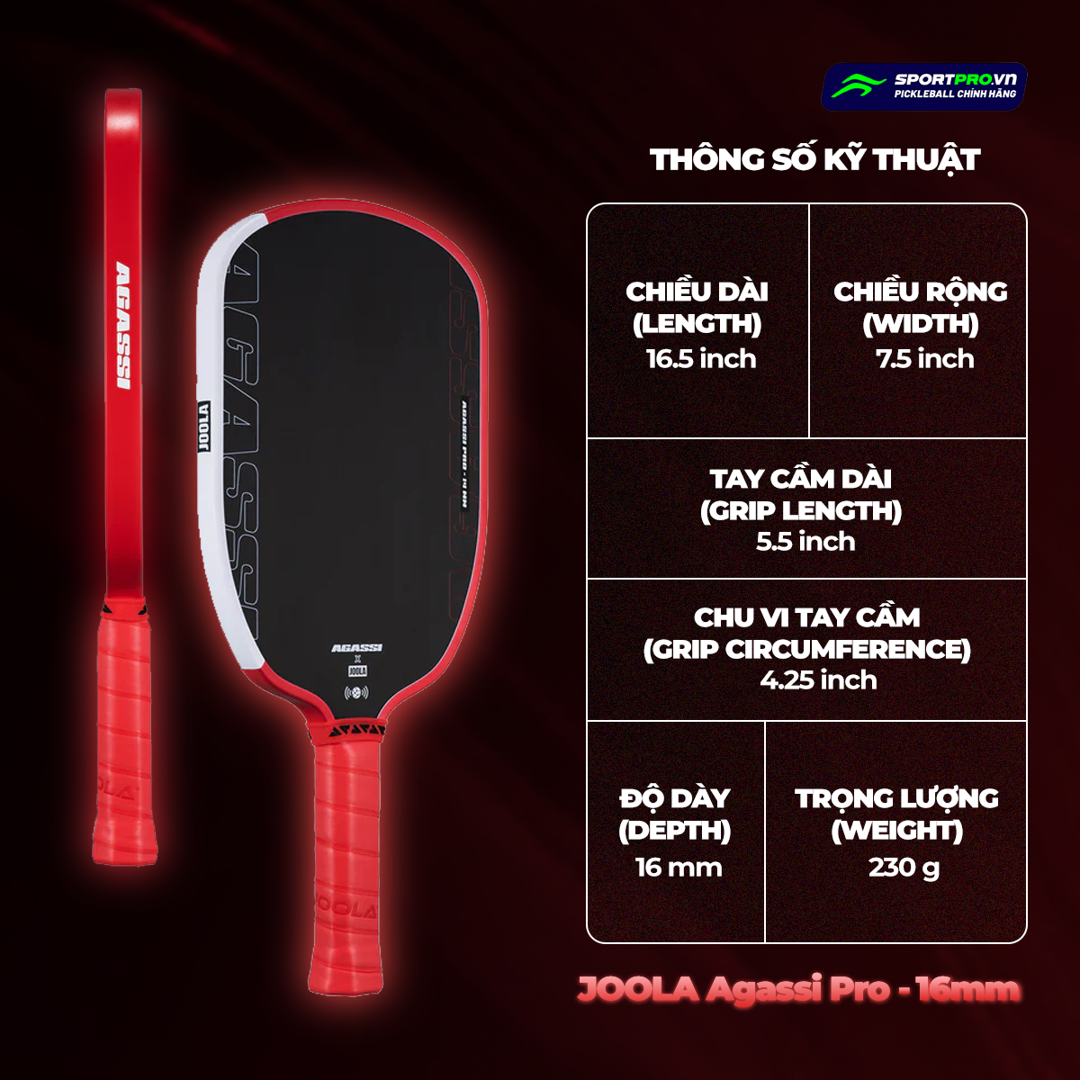  Vợt pickleball Joola Agassi Pro 16mm 300837-16MM 
