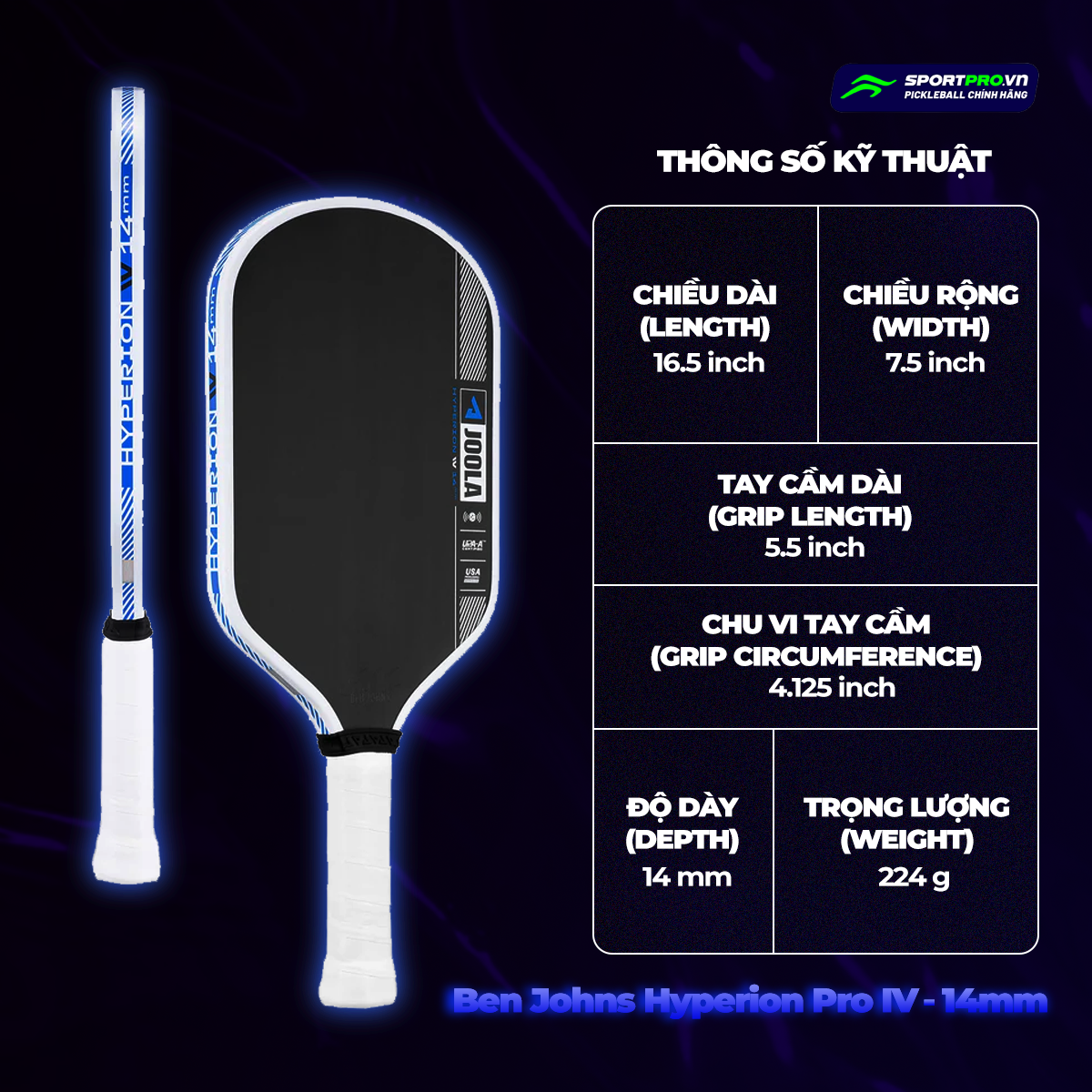  Vợt Pickleball Joola Ben Johns Hyperion Pro IV 14mm 300828-14MM 