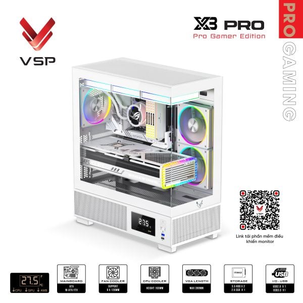 Vỏ case VSP X3 Pro Monitor Gamer Edition Trắng/White | ATX