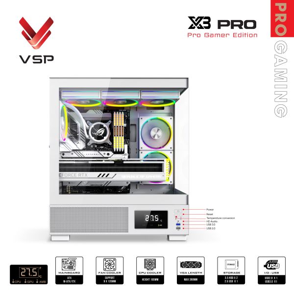 Vỏ case VSP X3 Pro Monitor Gamer Edition Trắng/White | ATX