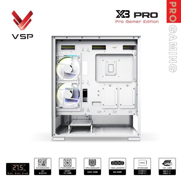 Vỏ case VSP X3 Pro Monitor Gamer Edition Trắng/White | ATX