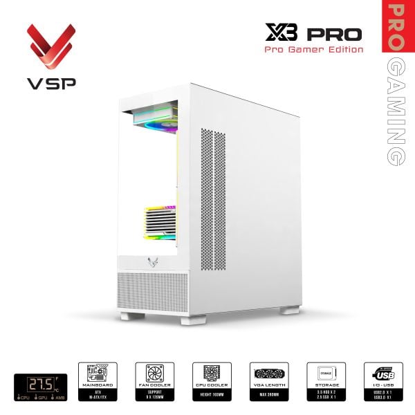 Vỏ case VSP X3 Pro Monitor Gamer Edition Trắng/White | ATX