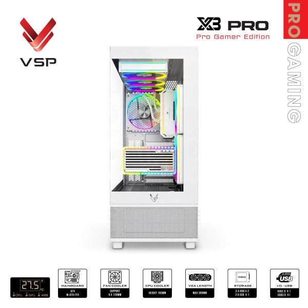 Vỏ case VSP X3 Pro Monitor Gamer Edition Trắng/White | ATX