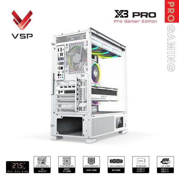 Vỏ case VSP X3 Pro Monitor Gamer Edition Trắng/White | ATX