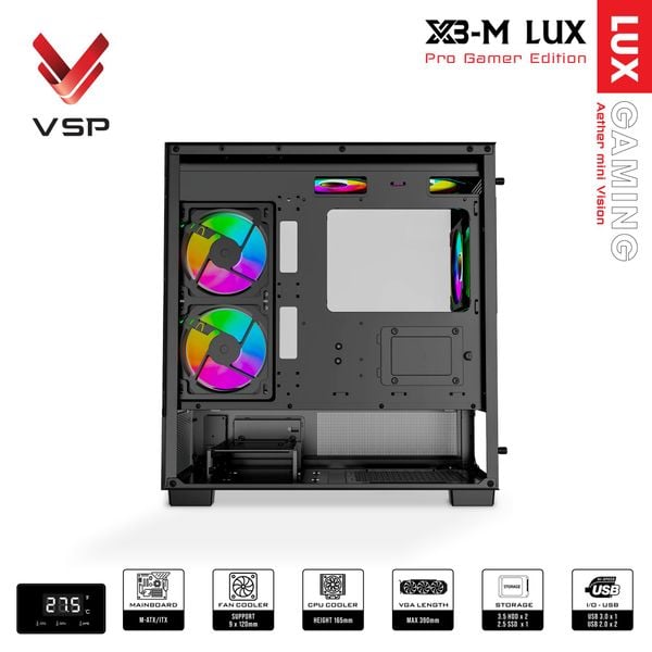 Vỏ Case VSP Aqual X3-M Lux Đen/Black | Micro-ATX