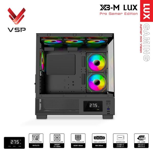 Vỏ Case VSP Aqual X3-M Lux Đen/Black | Micro-ATX