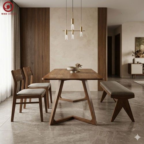  BA-16 Bộ Bàn Ăn Grace Wood và 2 ghế Vega, Ghế Băng Rattan Rubber 