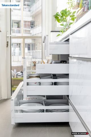 Hệ Tủ Bếp Nhật Bản Cao Cấp Lemure Chữ L Màu LJD - Căn Hộ Saigon Pearl