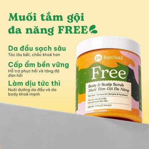  Muối tắm gội tẩy tế bào chết da đầu và body cho tóc bết và da body dầu, mụn Free BareSoul Body & Scalp Scrub 330g - 11.64 oz 