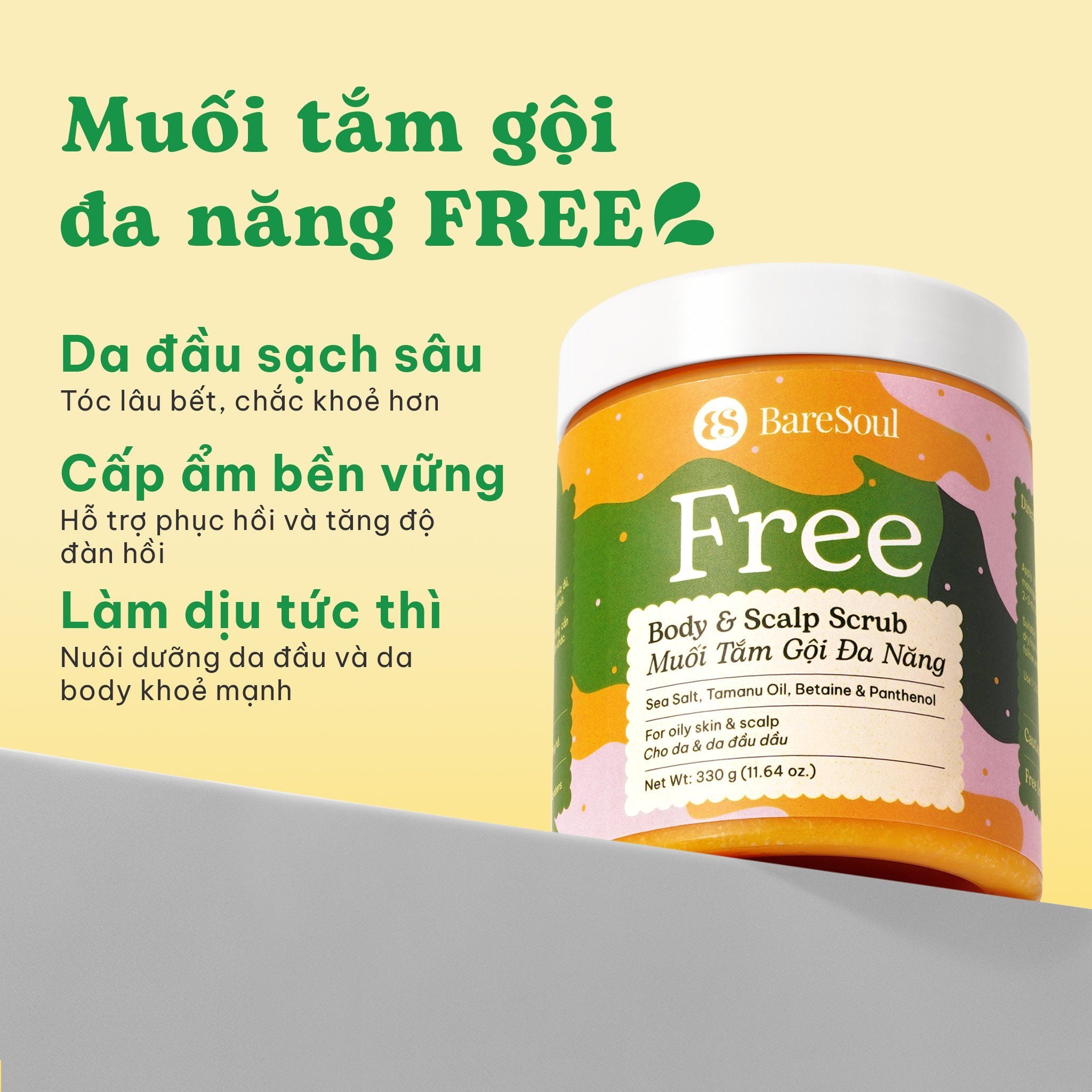  Muối tắm gội tẩy tế bào chết da đầu và body cho tóc bết và da body dầu, mụn Free BareSoul Body & Scalp Scrub 330g - 11.64 oz 