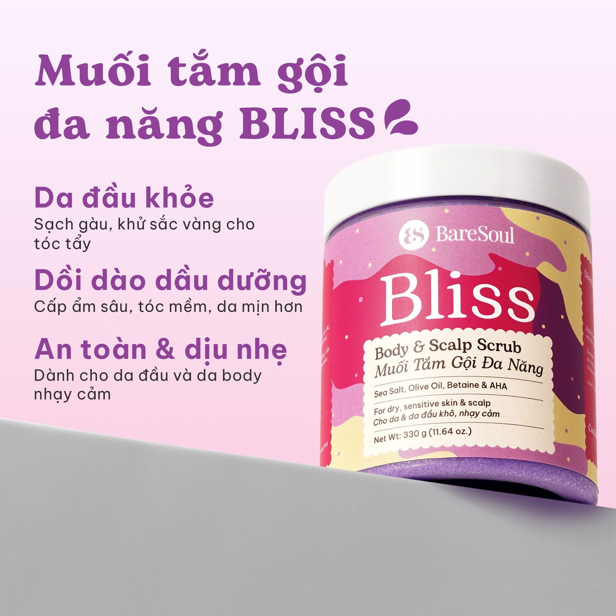  Muối tắm gội tím tẩy tế bào chết da đầu và body cho tóc tẩy nhuộm và da body khô, nhạy cảm Bliss BareSoul Salt Body & Scalp Scrub 330g - 11.64 oz 